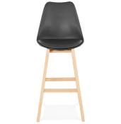 Tabouret de bar design scandinave 'Chairman' noir avec 4 pieds en bois naturel et dossier haut