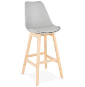 Tabouret de bar design scandinave ‘Chairman’ gris avec 4 pieds en bois naturel et dossier haut