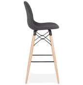 Tabouret de bar scandinave 'Verkwood' tissu gris 4 pieds bois repose pieds métal noir dossier haut