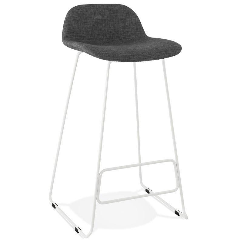 Tabouret de bar design 'Steel' tissu gris pieds tréteaux repose pieds en métal blanc et dossier bas