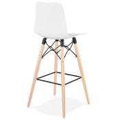 Tabouret de bar scandinave 'Slakwood' blanc 4 pieds bois et repose pieds en métal noir dossier haut