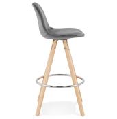 Tabouret snack mi-hauteur scandinave 'CIRCLE MINI' velours gris 4 pieds bois et chromé dossier haut