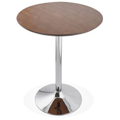 Table de bar haute design ronde 'Barry' mange debout en noyer avec pied central en métal chromé