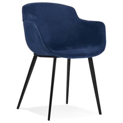 Chaise design lounge à accoudoirs 'NICE' en velours bleu avec 4 pieds en métal noir