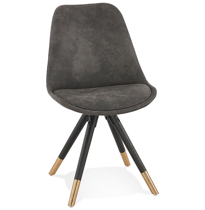 Chaise design 'Modena' en tissu grise avec 4 pieds en bois noir et métal brossé doré