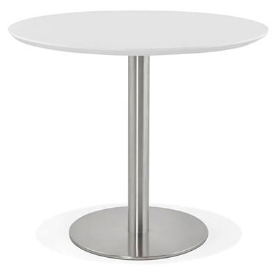 Petite table à diner / de bureau ronde 'Elea' blanche en bois pied central acier brossé - Ø 90 cm