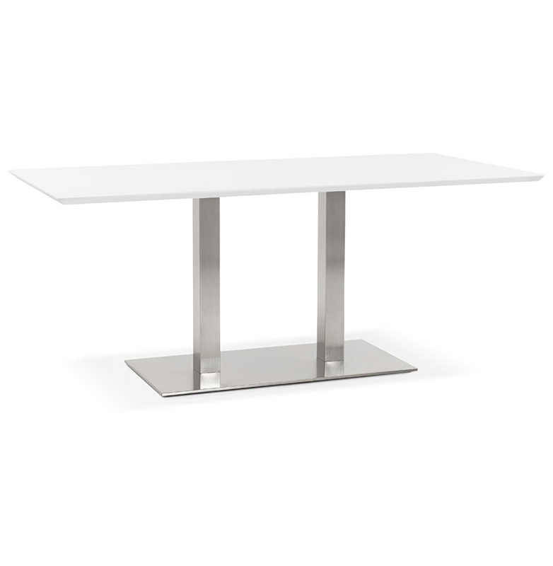 Table de salle à manger 'Tvillin' blanche en bois pied central acier brossé - 180 x 90 cm