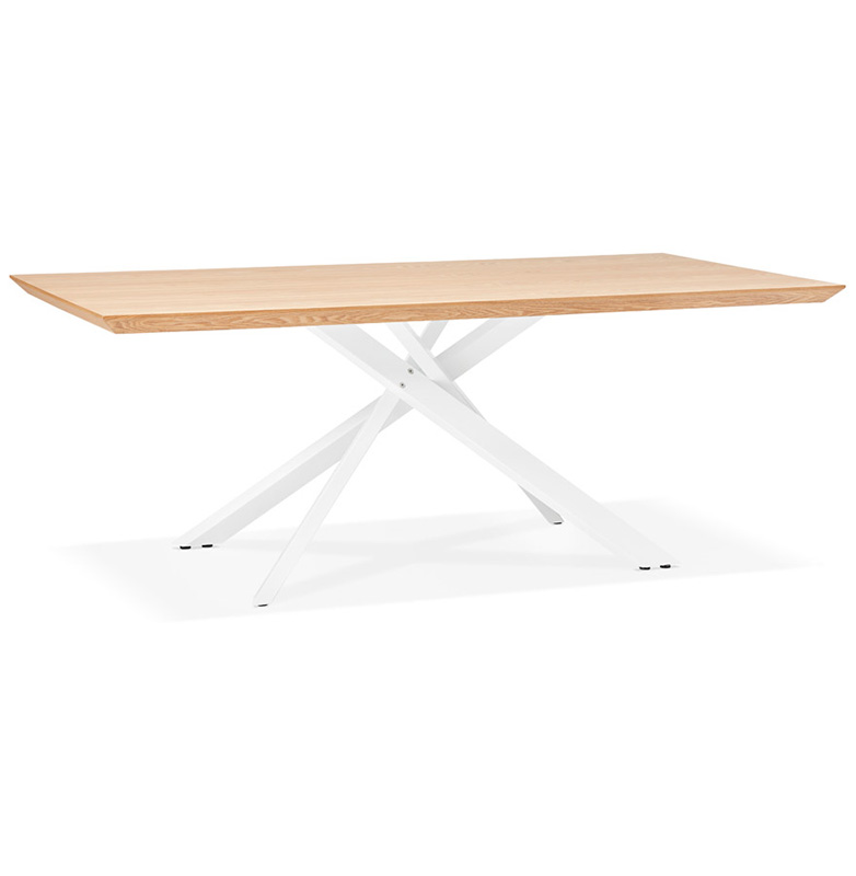 Table de salle à manger design 'Tepee Wood' plateau bois naturel pieds en métal blanc - 200 x 100 cm