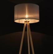 Lampadaire trépied scandinave 'Stätiv' abat-jour en tissu gris 3 pieds en bois naturel