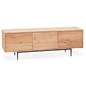 Meuble TV design 'EXPLOR' en bois d'Acacia naturel 3 portes avec pieds en métal thermolaqué noir