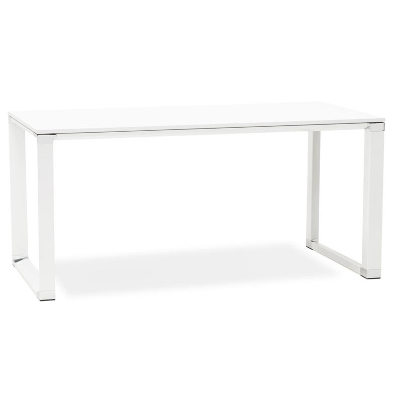 Bureau de direction droit 'Business' en bois blanc pieds métal blanc et métal chromé – 160 x 80 cm
