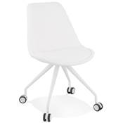 Petite chaise bureau design à roulettes dossier bas 'SIMPLE' tissu bouclé blanc pieds métal blanc