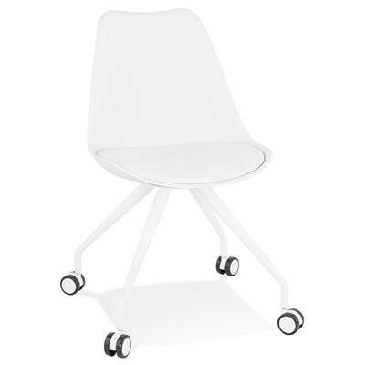 Petite chaise de bureau design à roulettes dossier bas 'SIMPLE' blanche avec pieds en métal blanc
