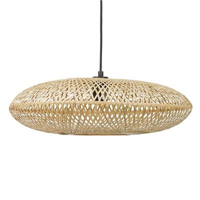 Suspension design ronde 'FLAT BALL' abat jour en bambou structure en métal noir réglable - Ø 50 cm