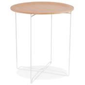 Table d'appoint guéridon design industriel 'METALLISK' bois naturel 4 pieds métal blanc - Ø 45 cm