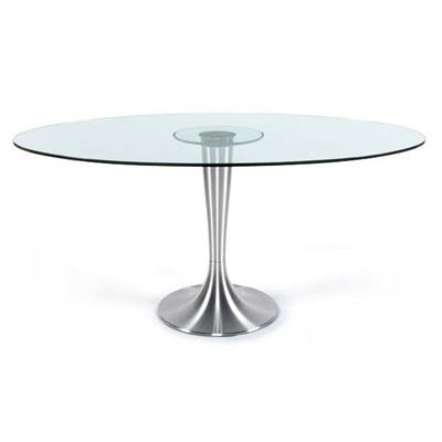 Table à diner / de réunion ovale 'Vénus' plateau verre pied central en métal brossé – 160 x 108 cm