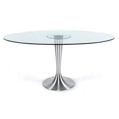 Table / table de réunion ovale 'Vénus' plateau verre pied central en métal brossé – 160 x 108 cm