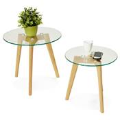 Tables basses scandinaves gigognes rondes 'Mukavä' plateau en verre 3 pieds en bois - Ø 50 cm