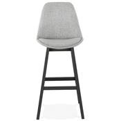 Tabouret de bar design 'CHAIRMAN BLACK EDITION' en tissu gris clair 4 pieds bois noir dossier haut