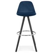 Tabouret de bar 'BLACK CIRCLE' velours bleu 4 pieds bois noir repose pieds métal chromé dossier haut