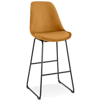 Tabouret de bar design 'GUSTO' velours moutarde pieds tréteaux repose pieds métal noir dossier haut