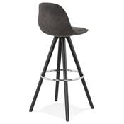 Tabouret de bar 'BLACK CIRCLE' en microfibre grise 4 pieds en bois noir et métal chromé dossier haut