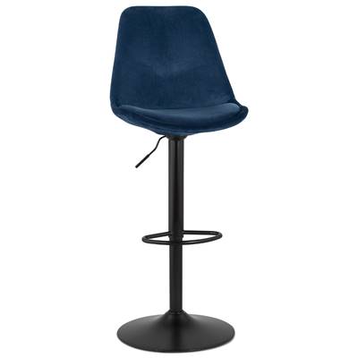 Tabouret de bar réglable 'BAROK' pivotant velours bleu pied et repose pieds métal noir dossier haut