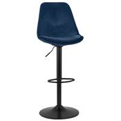 Tabouret de bar réglable 'BAROK' pivotant velours bleu pied et repose pieds métal noir dossier haut
