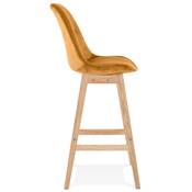 Tabouret de bar design scandinave 'CHAIRMAN' en velours moutarde 4 pieds bois naturel dossier haut