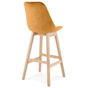 Tabouret de bar design scandinave 'CHAIRMAN' en velours moutarde 4 pieds bois naturel dossier haut