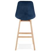 Tabouret de bar design scandinave 'CHAIRMAN' en velours bleu 4 pieds en bois naturel et dossier haut