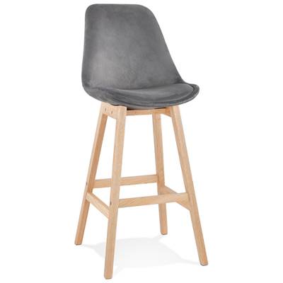 Tabouret de bar design scandinave 'CHAIRMAN' en velours gris 4 pieds en bois naturel et dossier haut