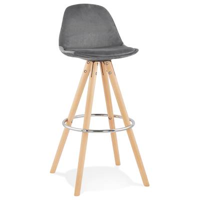 	Tabouret bar scandinave 'CIRCLE' velours gris 4 pieds bois naturel repose pieds chromé dossier haut