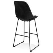 Tabouret de bar 'GUSTO' en velours noir pieds tréteaux et repose pieds en métal noir dossier haut
