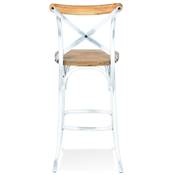 Tabouret de bar vintage 'MAKINA' bois finition noyer effet vieilli 4 pieds métal blanc dossier haut