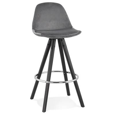 Tabouret snack mi-hauteur 'BLACK CIRCLE MINI' velours gris 4 pieds bois noir et chromé dossier haut