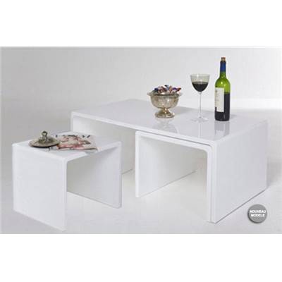 Table basse + 2 tables design d'appoint gigognes 'Shiny' blanc laqué – 90 x 50 cm
