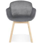 Chaise design à accoudoirs 'MAJESTY' en velours gris et 4 pieds en bois naturel
