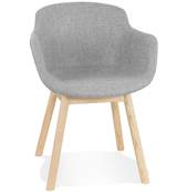 Chaise design à accoudoirs 'MAJESTY' en tissu gris clair et 4 pieds en bois naturel