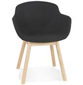 Chaise design à accoudoirs 'MAJESTY' en tissu noir et 4 pieds en bois naturel