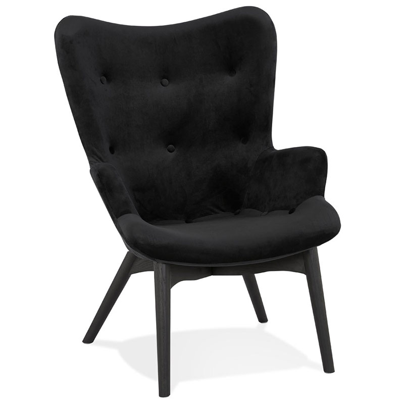 Fauteuil à oreilles capitonné design 'ELEGAN' en velours noir pieds en bois noir