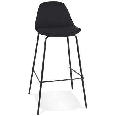Tabouret de bar design moderne 'Tekno' en tissu noir avec 4 pieds en métal noir et dossier haut