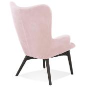 Fauteuil à oreilles capitonné design 'ELEGAN' en velours rose pieds en bois noir