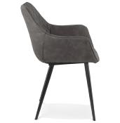 Chaise design vintage à accoudoirs 'DUCA' en microfibre gaufrée grise avec 4 pieds en métal noir