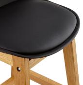 Tabouret de bar design scandinave 'Topo' noir avec 4 pieds en bois naturel et dossier haut