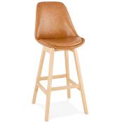 Tabouret de bar design scandinave 'Chairman' marron avec 4 pieds en bois naturel et dossier haut