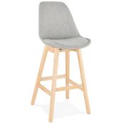 Tabouret de bar design scandinave 'Chairman' en tissu gris 4 pieds en bois naturel et dossier haut