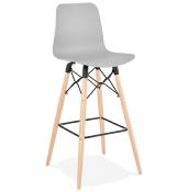 Tabouret de bar scandinave 'Slakwood' gris 4 pieds bois et repose pieds en métal noir dossier haut