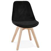 Chaise design 'Milano' en velours noire avec 4 pieds en bois naturel