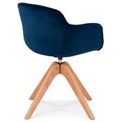 Chaise design de style scandinave à accoudoirs 'VOGAN' en velours bleu avec 4 pieds en bois naturel